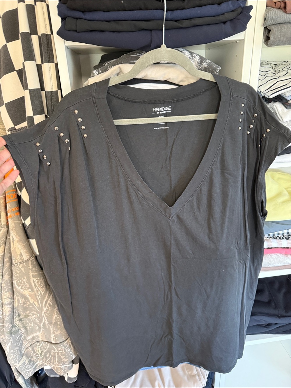 torrid Charcoal V-Neck Short Sleeve Tee with Shoulder Studs